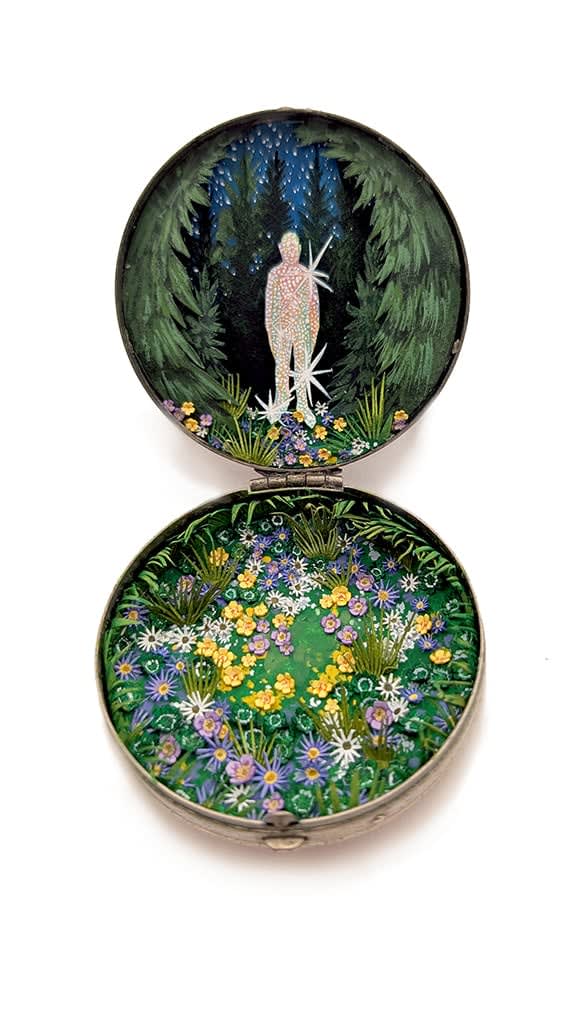 hand-cut watercolor collage in antique cosmetic compact by Shannon Taylor