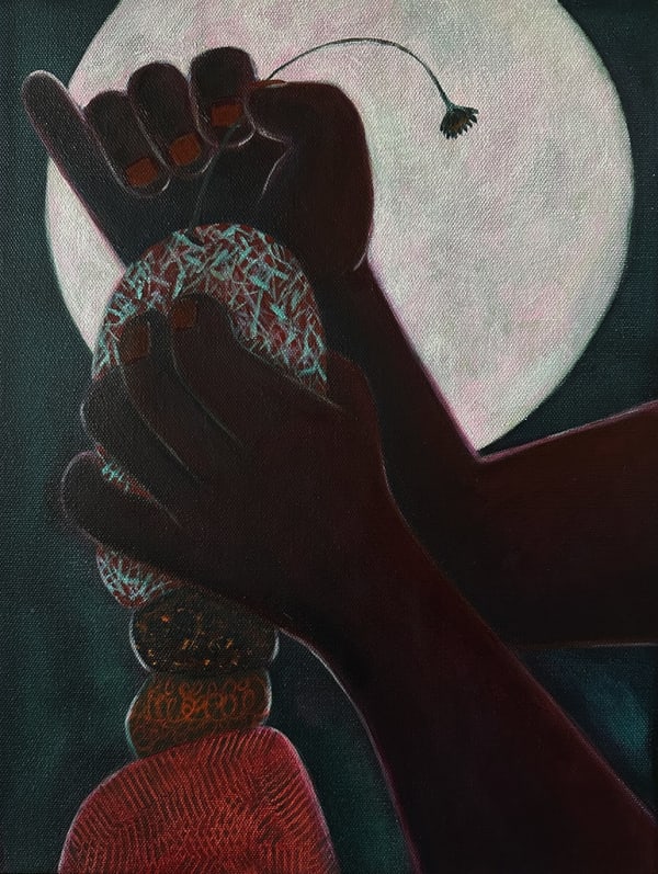 painting by artist genevieve cohn of a pair of hands stacking stones, with one small flower in its hand, against a full moon