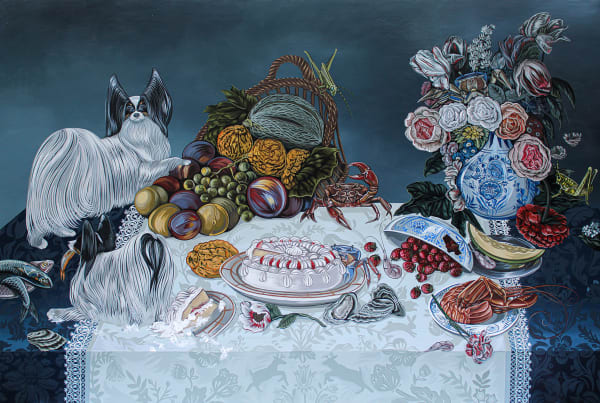 Tablescape painting of two black and white dogs on a table full of decadent food, including a basket of fruit with a grasshopper on it, a giant bouquet of flowers, a bowls of strawberries that has been know knocked over, a plate of giant shrimp, a bowl of whole fish and a white frosted cake that one of the dogs has walked into and gotten frosting all over the table.