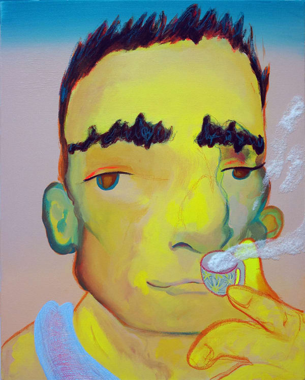 Jean Paul Mallozzi "And i also heard that he..." acrylic and pastel on canvas portrait of a man smoking