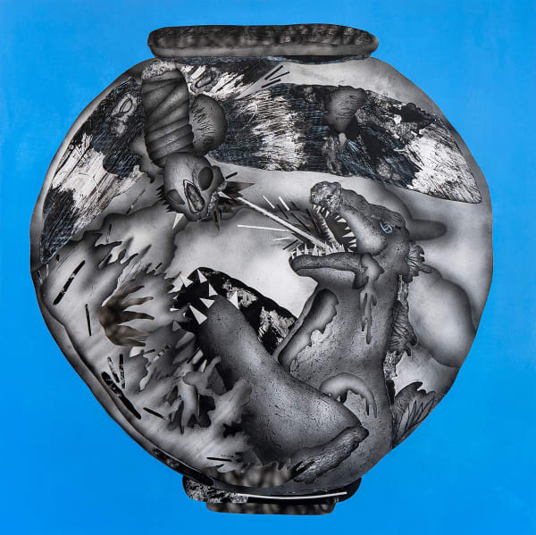painting of a black and white vase depicting fighting monsters on a blue background