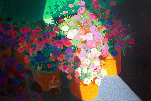 painting of flower pots containing various colored flowers, mostly in shadow by Nicholas Bono Kennedy