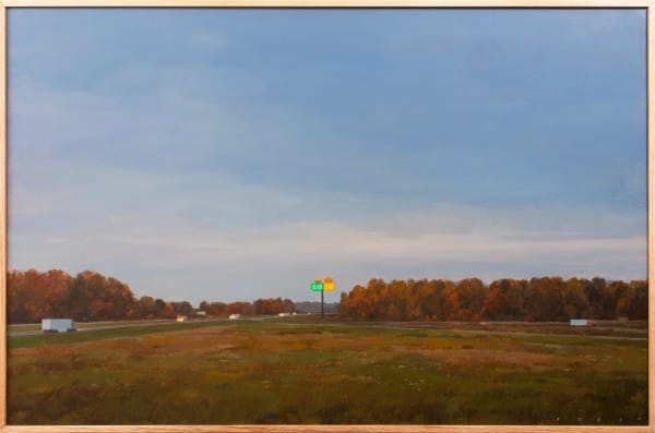 Painting of an interstate highway along a fiend with a few trees and a large neon sign
