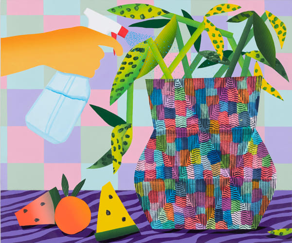 Karen Lederer painting of hand spraying plant with water bottle