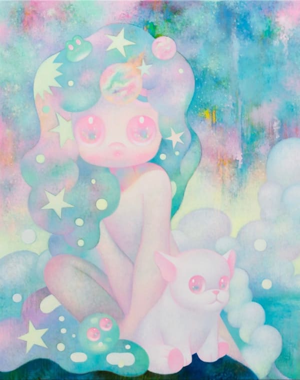 Painting by So Youn Lee of a pink iridescent figure with long blue and green and pink iridescent hair with stars and shapes in it sitting next to a pink dog on a rock with clouds surrounding them