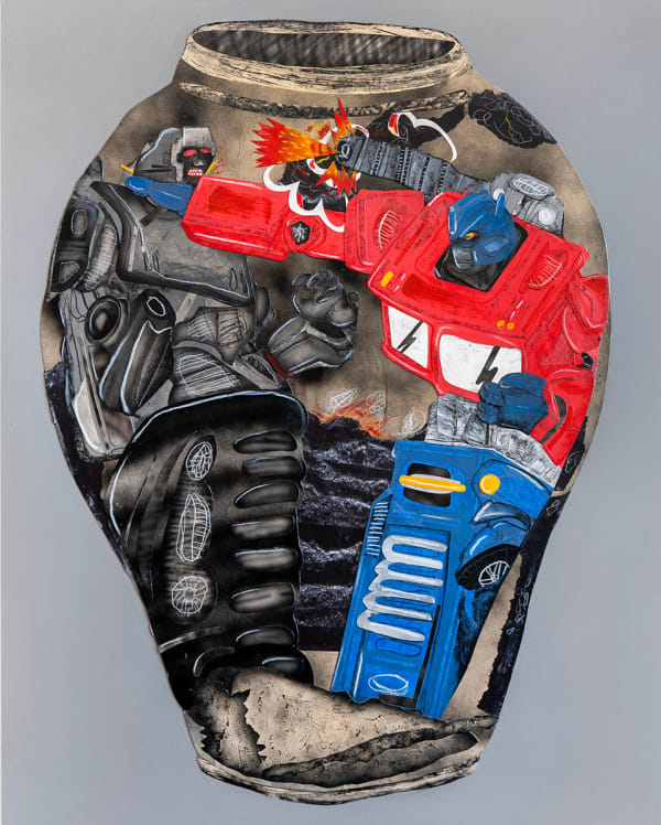 collage of a vase depicting tv characters fighting