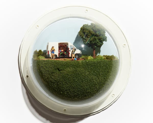 Abigail Goldman's sculpture of a murder taking place outdoors in a white van