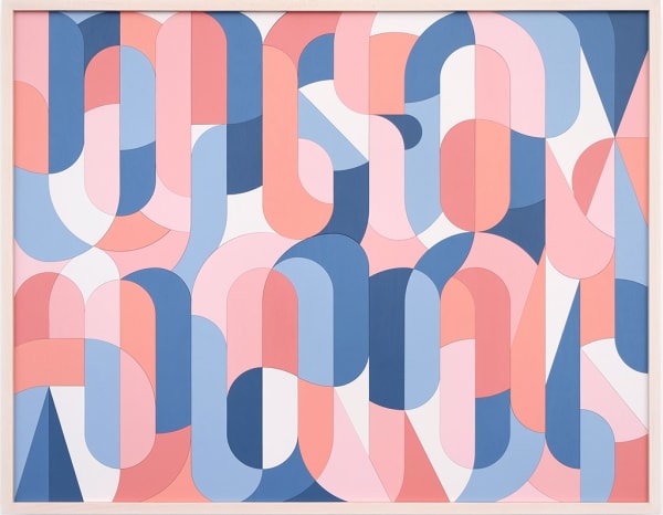 Framed flush multicolor wood sculptural piece made up of spiral shapes and curves by artist Scott Albrecht