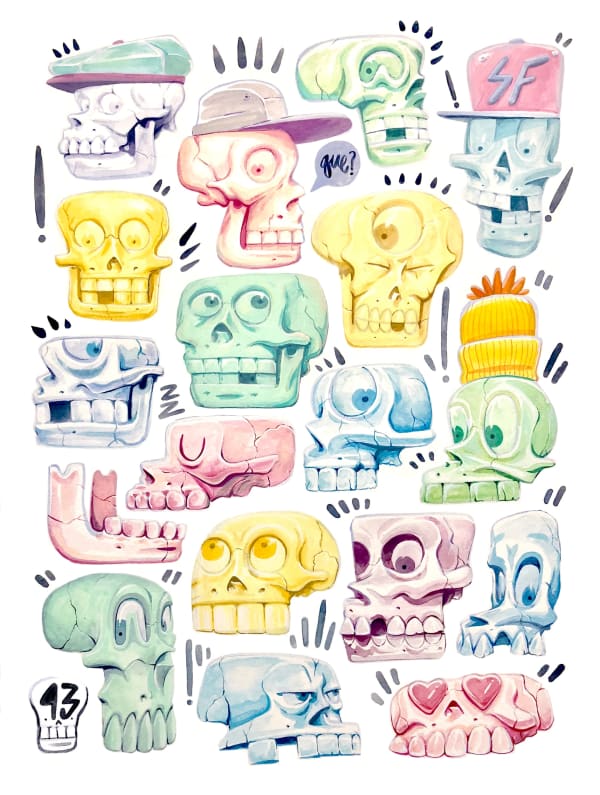 Dennis Brown's painting of multicolored skulls
