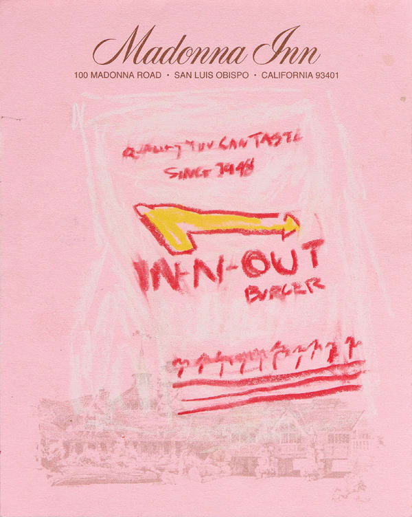 Drawing of an In n Out bag on pink hotel stationery