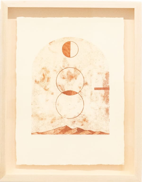 Madeleine Tonzi - Traced print of moon, circles and mountains in shades of orange.