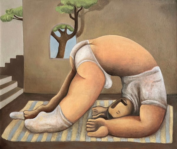painting of a male figure curled over himself with a tree coming in from the window