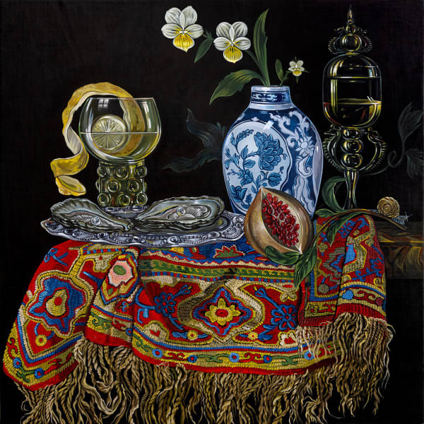 Still life oil painting of a small tablescape featuring oysters, pomegranate and an ornate glass with a peeled lemon against a black background by Sabrina Bockler
