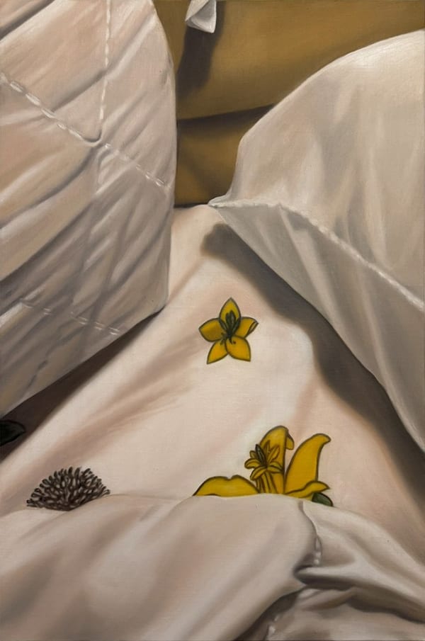 Painting of bed sheets and pillows with a yellow floral design