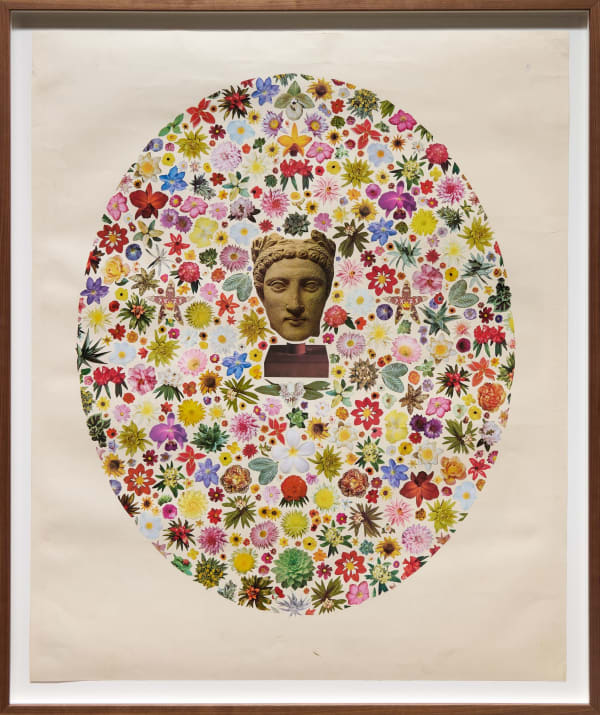 Collage of a variety of cutout flowers in an oval with a statue head in the center