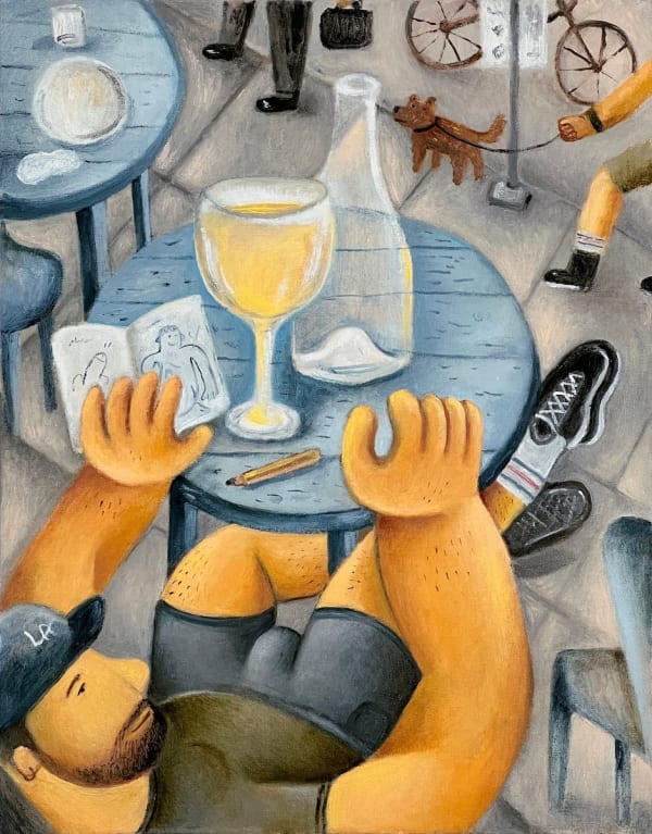 painting of a man sitting at a cafe table outside with a glass of wine and a sketchbook