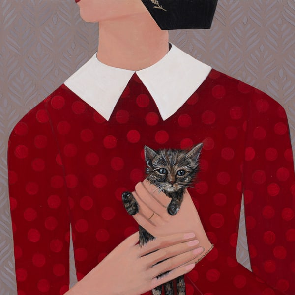 Painting of the upper half of a woman holding a stripped kitten. She is wearing a red polka dot blouse with a large white collar.