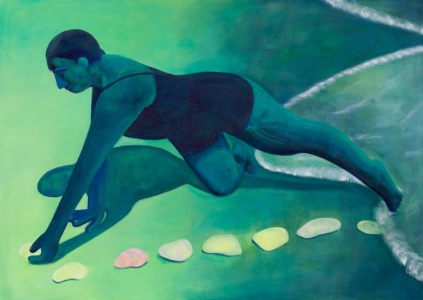 Genevieve Cohn painting of woman in bathing suit at the sea shore, lining up shells along the sand