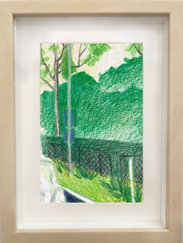 framed drawing - sketch lush greenery and a black fence