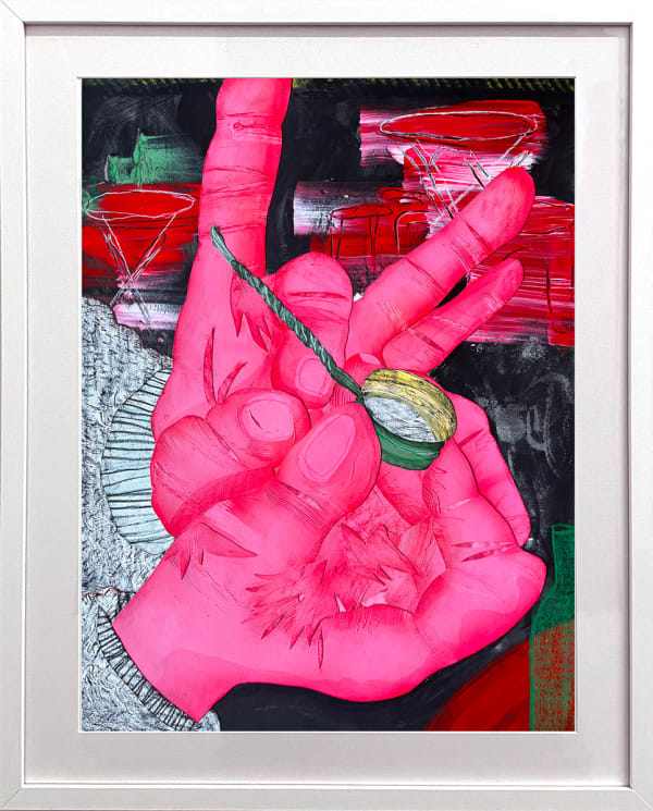 framed David Heo collage of red hands holding a bottle cap