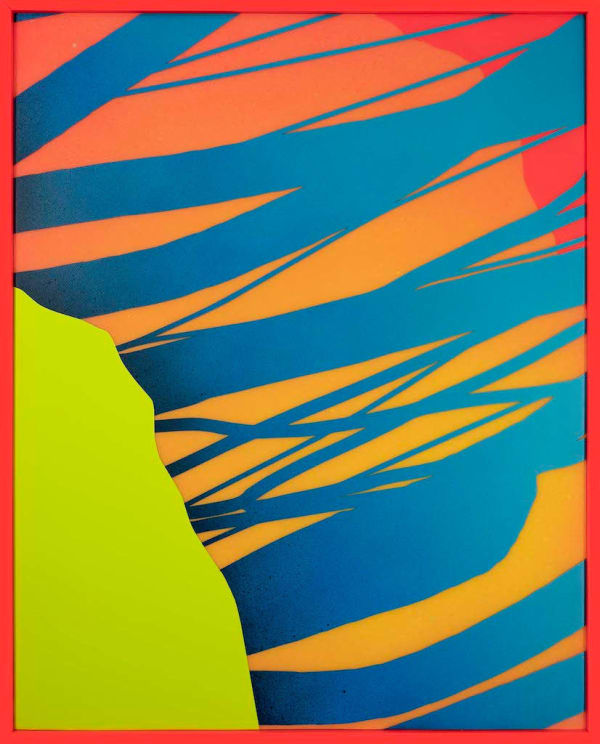 Rachel Strum paint and resin piece, abstract shapes in orange, blue and yellow