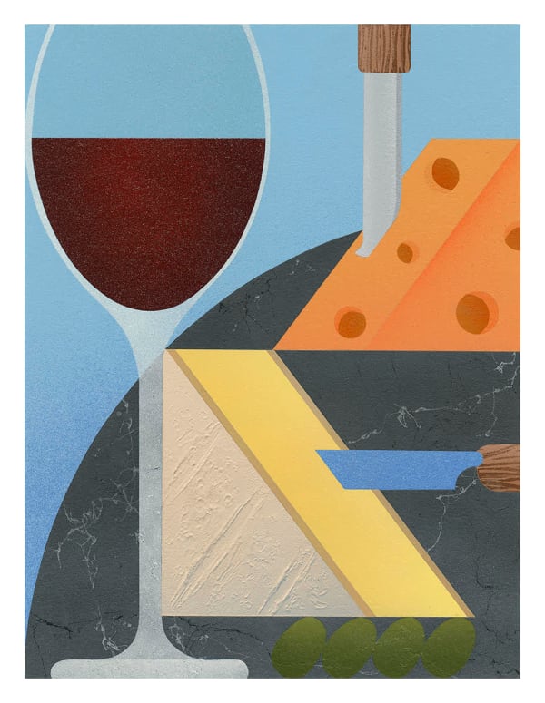 painting of wine and cheese