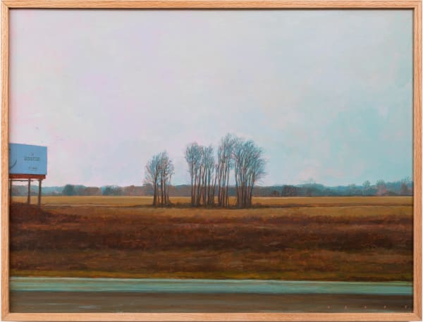 Landscape painting of the side of a highway, a group of bare trees is in the distance surrounding by dying grass and a billboard is just out of frame