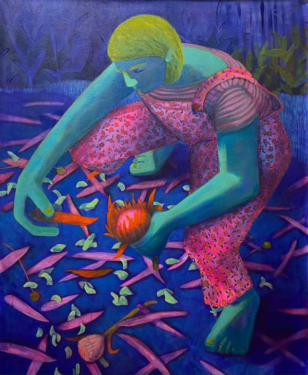 Genevieve Cohn painting of figure in overalls crouched and plucking flower petals