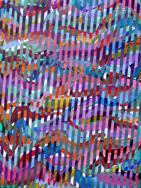 Rebecca Kaufman's painting of a geomatic pattern with rainbow colors