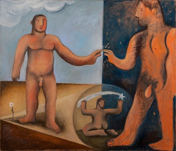 Painting of three nude men, one in the day, one in night, and one in a circle at the bottom of the canvas