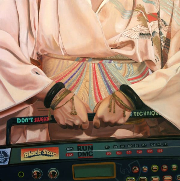 Ken Flewellyn painting of woman holding kimono holding boom box