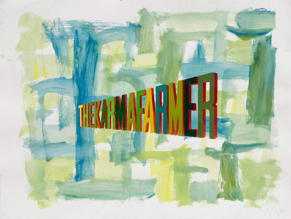 Painting with large green, yellow and blue brush stroke throughout the background with the words "THE KARMA FARMER" in large letter in various colors in the center