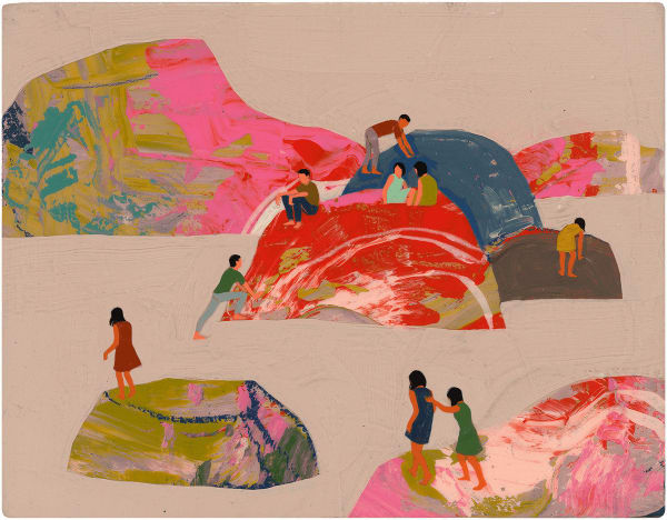 people standing and climbing onto rainbow colored rocks over a beige background