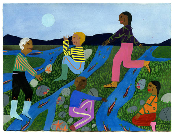 Chelsea Wong painting of people hanging out at salmon river