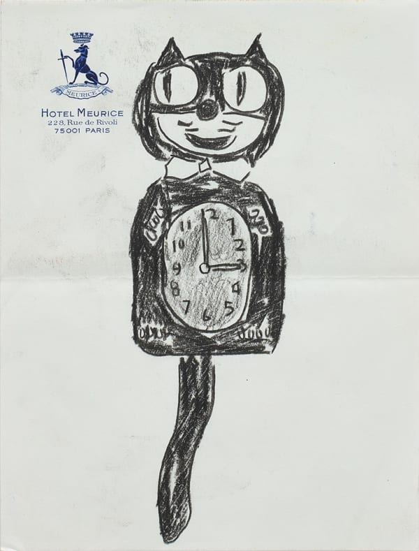 Drawing of a Felix the Cat clock on hotel stationery