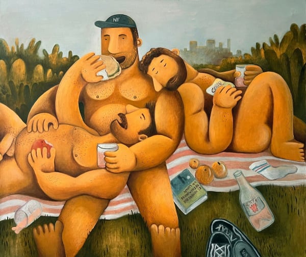 painting of three nude men, snacking and lounging outside
