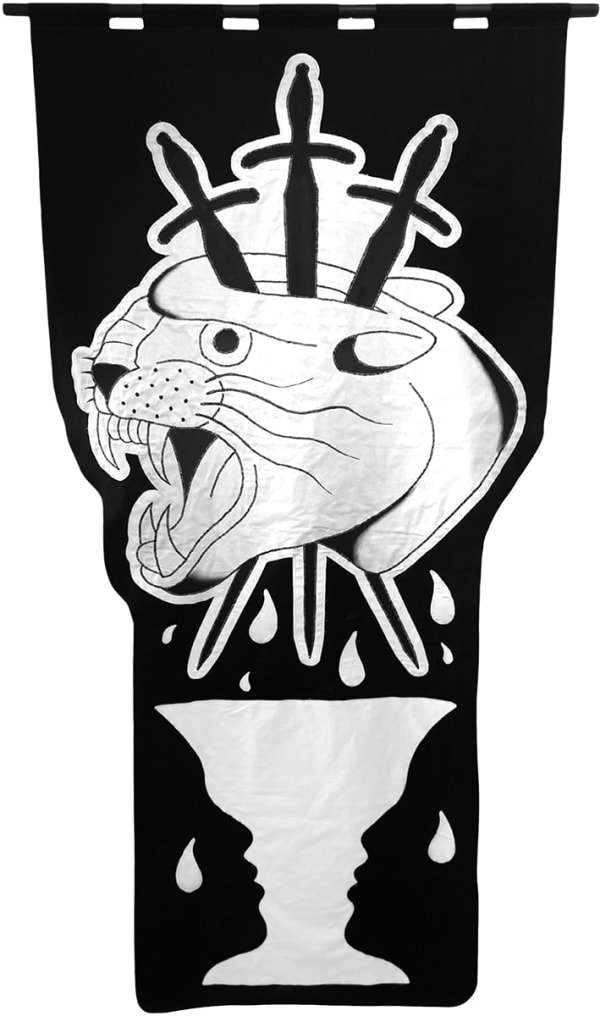 embroidered black and white banner of a panther's head pierced with three swords