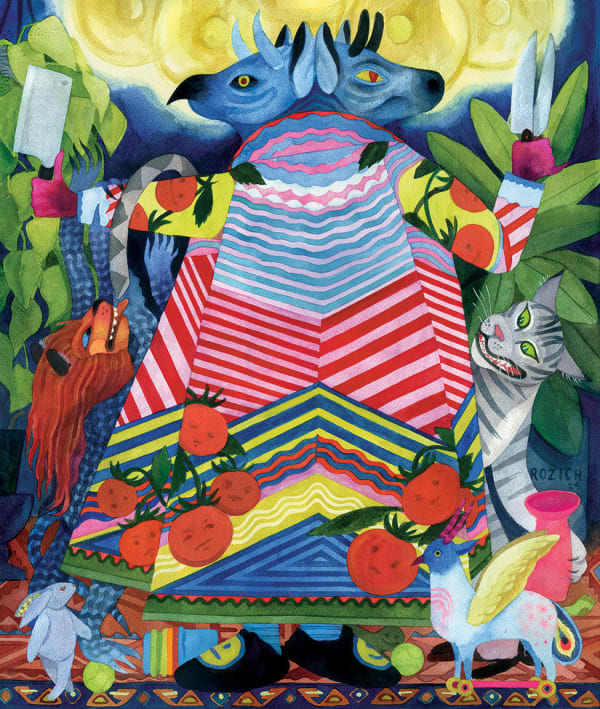 abstract water color and gouache painting of a figure holding a cleaver, shears with various animals at its feet by Stacey Rozich