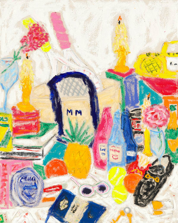 Michael McGregor still life painting in bright colors featuring tote bag, pineapple, tennis racket, Gucci loafers, etc