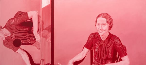 pink painting of a seated woman with her torso reaped and turned on her left