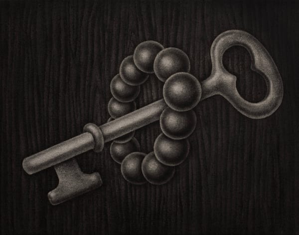 Angela Fang Zirbes painting of skeleton key and beaded bracelet