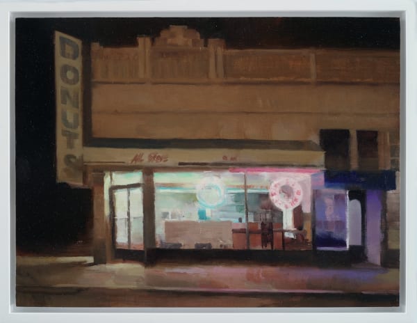 Kim Cogan - painting of donut shop from street view at night, cold tone light in the shop shine through the glass wall of the store