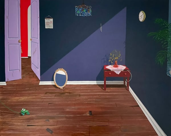 Azadeh Nia painting of purple room. Purple double doors, one open. Frog toy on floor, as well as mirror. A red table with flowers on a vase on top