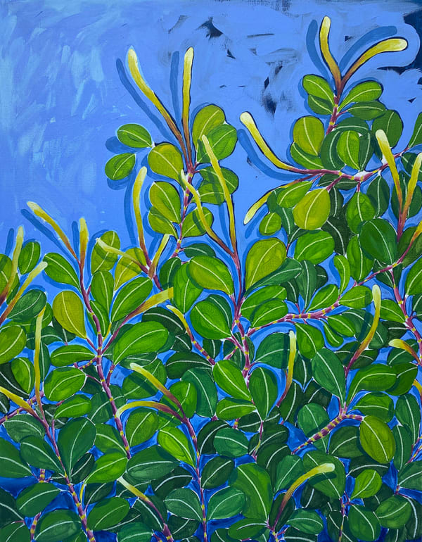 Natalia Juncadella painting of green leaves on blue background