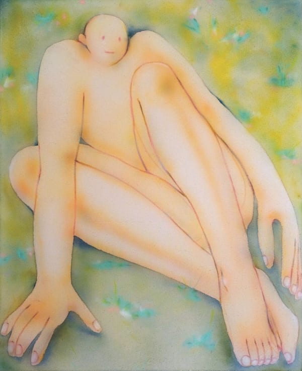 Painting by Anjelica Colliard depicting a person lounging in a meadow