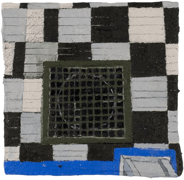 painting of a grate with a black and white checker behind it