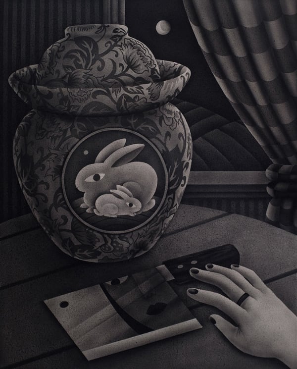 Painting of someones hand on a table next to a butcher knife and a large urn with two rabbits on it and in the background is an open window with a curtain