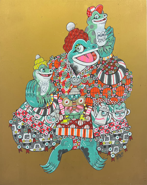 painting of a toad dressed in an outfit covered in other characters
