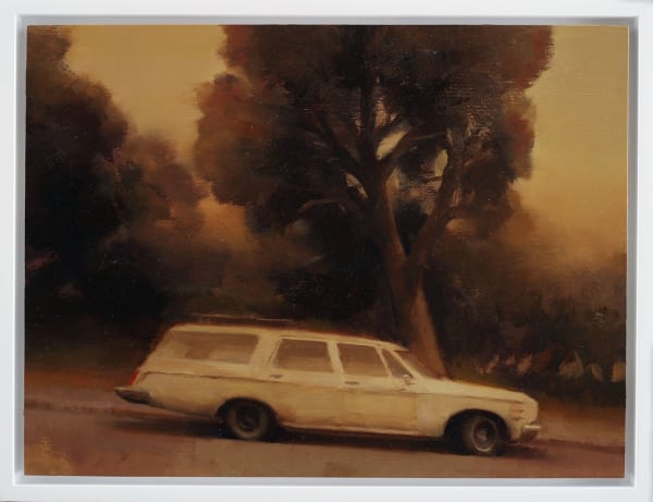 Kim Cogan - Painting of a white car driving down a hill, on the side of the road was trees, the tone of the painting is yellowish and grey