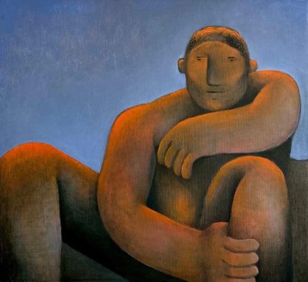 Carlos Rodriguez - painting of a nude man sitting with his left arm leaning against his knee. the background is painted blue.